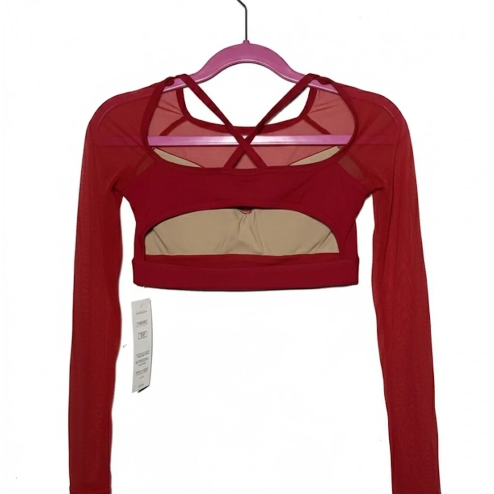 BalTogs Red Mesh Long Sleeve Crop Top Criss-Cross Back Dance activewear yoga
